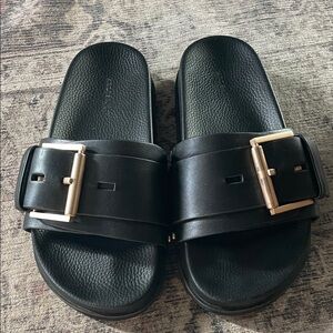 All Saints Black Sandals with Gold Buckle “Ellie stud slider”